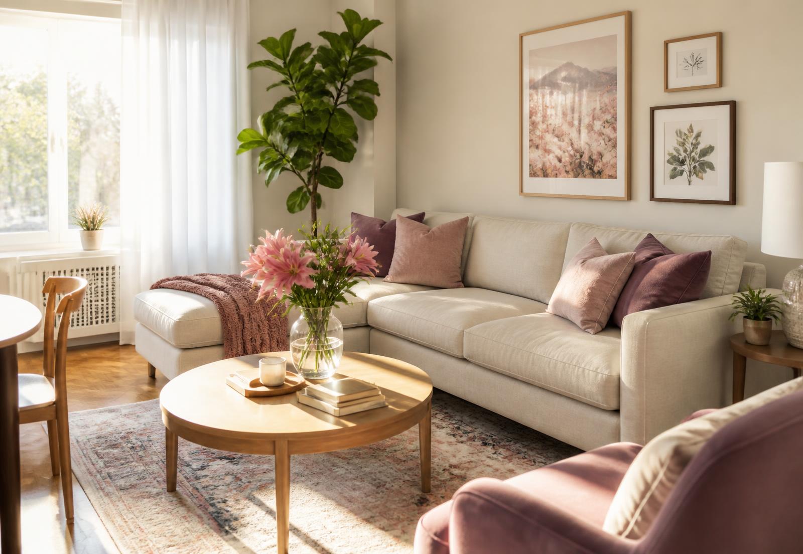 Bright, furnished shared living room with sofa, flowers and plants